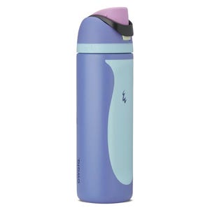 May include: A purple and light blue Owala water bottle with a flip-top lid. The bottle has a curved light blue design on the side and the Disney logo at the bottom.
