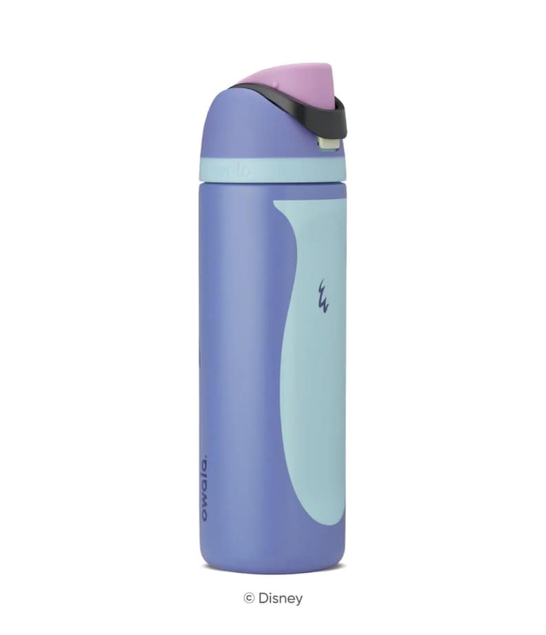 May include: A purple and light blue Owala water bottle with a flip-top lid. The bottle has a curved light blue design on the side and the Disney logo at the bottom.