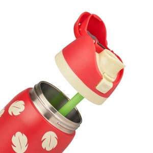 May include: A red insulated water bottle with a white floral pattern. The bottle has a stainless steel interior and a red lid with a cream-colored mouthpiece. A green straw extends from the bottle.