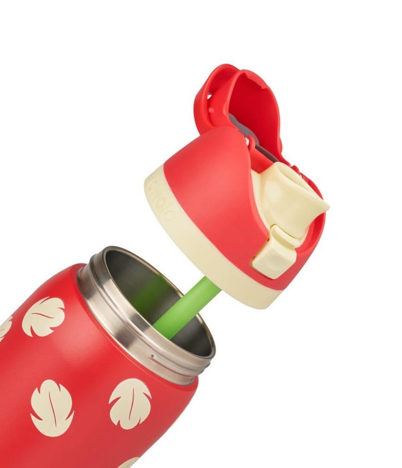 May include: A red insulated water bottle with a white floral pattern. The bottle has a stainless steel interior and a red lid with a cream-colored mouthpiece. A green straw extends from the bottle.
