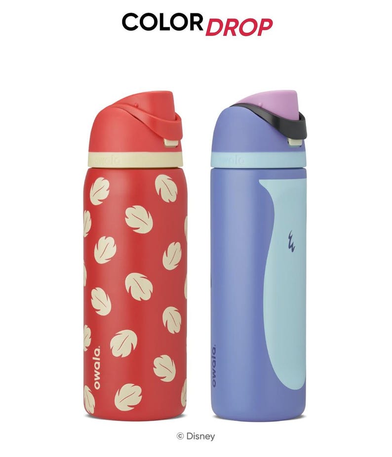 May include: Two insulated water bottles. One is red with white leaf patterns, the other is purple with a light blue curved design. Both have flip-top lids and the brand name "owala" is printed on the bottles. The text "COLOR DROP" is at the top.