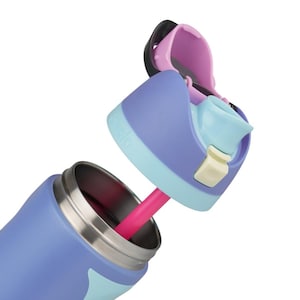 May include: A close-up of a water bottle with a light blue and purple body, a stainless steel interior, and a pink straw. The lid is open, revealing a light blue spout and a pink and black handle.