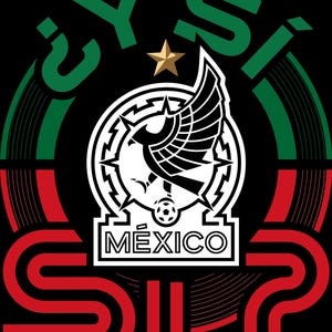 May include: A graphic design featuring the Mexico national football team crest in black and white, centered with a gold star above. The text ¿Y SI? is arched in green at the top and red at the bottom against a black background with circular lines.