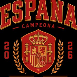 May include: A black graphic design featuring the red and gold text ESPAÑA CAMPEONA with the numbers 20 and 26 on the sides. A central shield displays the Spanish coat of arms with a crown, flanked by laurel branches, above the text COPA DEL MUNDO.