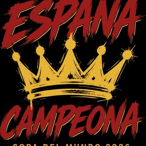 May include: A graphic design on a black background featuring the word ESPAÑA in red brush-stroke lettering above a yellow crown. Below the crown is the word CAMPEONA in red, followed by the text COPA DEL MUNDO 2026 in yellow with a star above and below.