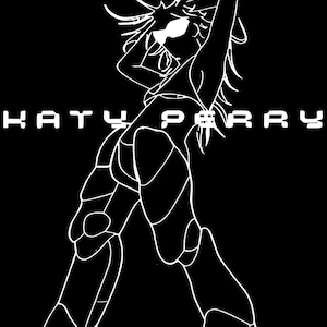 May include: A black graphic print featuring a white line art illustration of a figure in a dynamic pose with arms raised. The text KATY PERRY is displayed in a bold, white, blocky font across the center of the design against a solid black background.