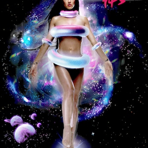 May include: A digital artwork featuring a person with long dark hair, wearing glowing, iridescent rings around their neck, torso, and wrists. The background is a vibrant cosmic nebula with planets. The text KATY PERRY 143 is visible in the upper right.