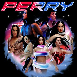 May include: A black graphic t-shirt featuring the text KATY PERRY at the top and THE LIFETIMES TOUR at the bottom. The center displays a collage of seven images of a person in various poses, surrounded by a glowing pink and blue nebula effect.
