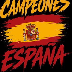 May include: A black graphic design featuring the yellow text CAMPEONES above a stylized Spanish flag with its coat of arms. Below the flag is the red text ESPAÑA, followed by the text COPA DEL MUNDO 2026 in yellow, with two red stars above and one below.