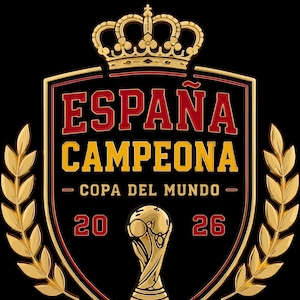 May include: A black shield-shaped emblem featuring a gold crown at the top, two red stars, and gold laurel branches on the sides. The text reads ESPAÑA CAMPEONA COPA DEL MUNDO 20 26, with a gold trophy illustration centered at the bottom.