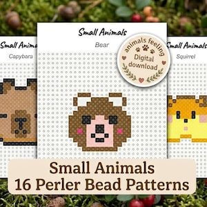 May include: A digital download featuring 16 Perler bead patterns titled Small Animals. The patterns include pixelated designs of a capybara, a bear, and a squirrel on a grid. A circular badge states animals feeling digital download.