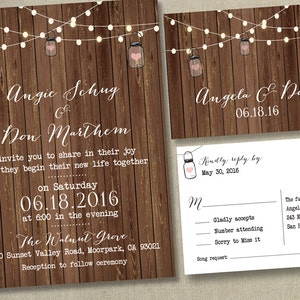 Rustic Lights Country Wedding Invitations RSVP Cards Postcards Mason Jars String Strung Lights Wood Country Beach Burlap Grey wood cheap Bild 7