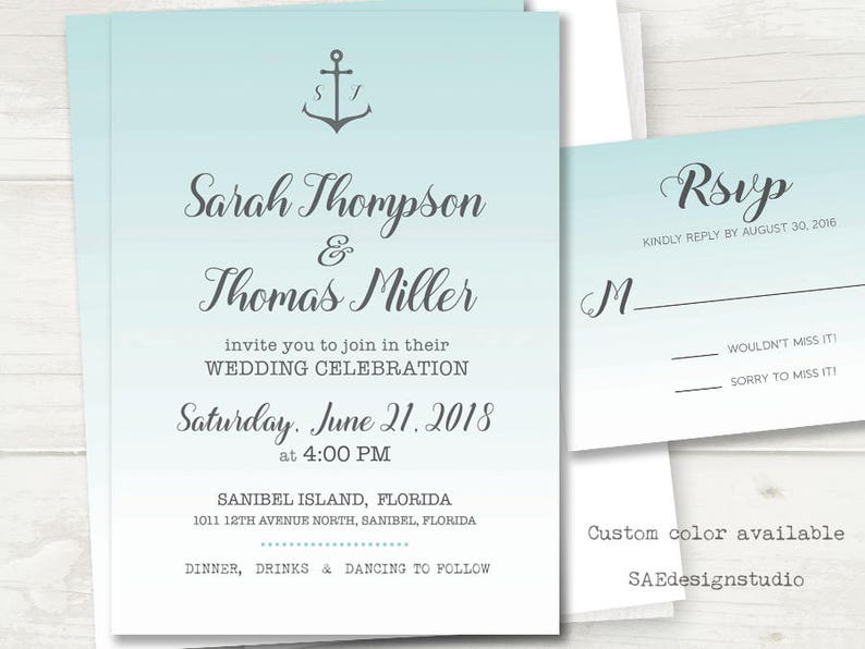 Beach Wedding Invitations Invites Rsvp Cards Postcards Anchor Navy Pink Mint Coral Nautical Beach Destination Shimmer Avail Printable