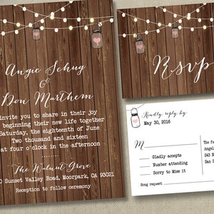 Rustic Lights Country Wedding Invitations RSVP Cards Postcards Mason Jars String Strung Lights Wood Country Beach Burlap Grey wood cheap Bild 8