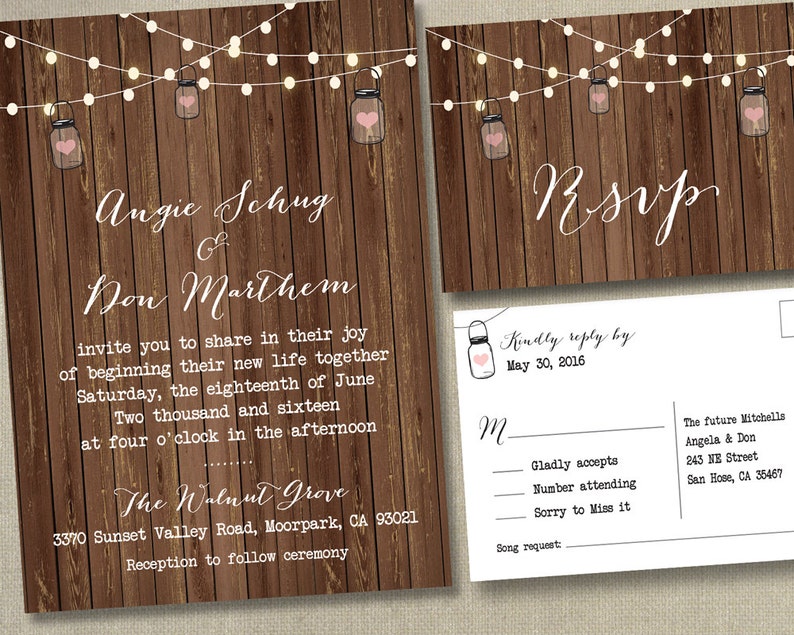 Rustic Lights Country Wedding Invitations RSVP Cards Postcards Mason Jars String Strung Lights Wood Country Beach Burlap Grey wood cheap Bild 8