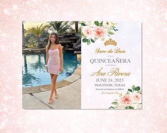 pink Purple Quinceanera Save The Dates Photo Magnets Cards Girls Birthday Butterfly Navy floral Blue Red Pink Burgundy Rose Gold Sweet 15 16
