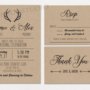 CRYSTAL- Two Digital Files Invite rsvp- Rustic Brown Kraft Wedding Invitations Itemized Wedding Printable Invitations Deer Antlers Hunting