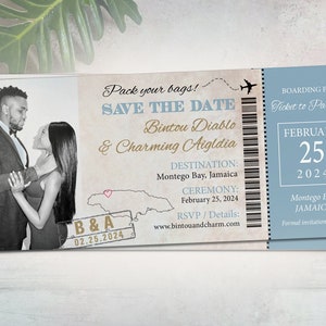 Boarding Pass Ticket Passport Wedding Save the Date Elope Invitation Card Magnet Destination Beach tropical Travel pink navy blue gold