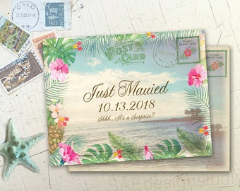 Vintage Beach Postcard Save the Date: Tropical Wedding Invitation