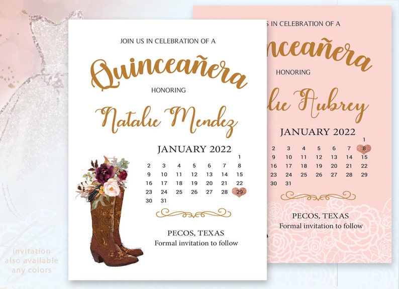 Country Quinceanera Sweet 15 16 Birthday wedding Shower Rehearsal Reception Cowboy baby western boot invitations save th