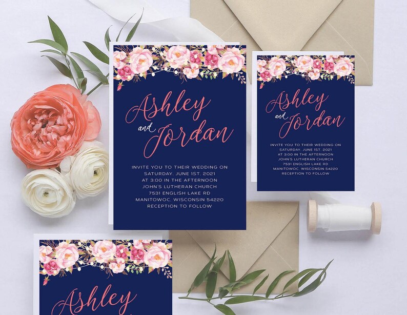Country Boots Navy Rose Gold Burgundy pink maroon Flowers Wood Wedding Invitation rsvp set Save the date card magnet mason jar