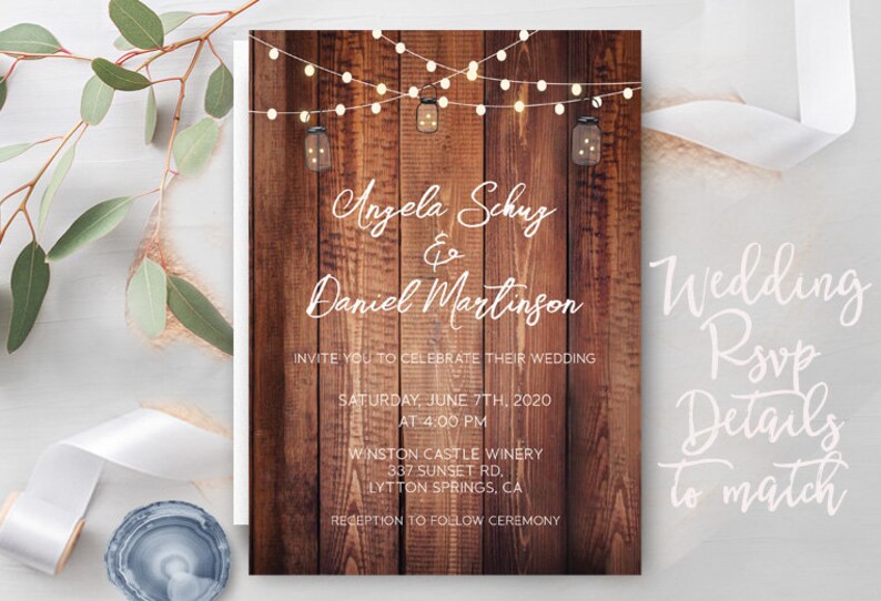 Rustic Lights Country Wedding Invitations RSVP Cards Postcards Mason Jars String Strung Lights Wood Country Beach Burlap Grey wood cheap Bild 10