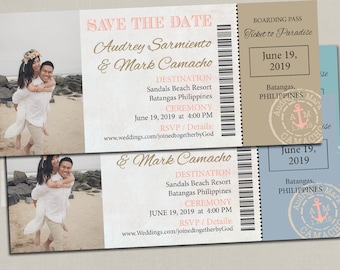 Wedding Boarding Pass Ticket Passport Wedding Save the Date Wedding Invitation Card Magnet Destination Nautical Travel pink gold blue