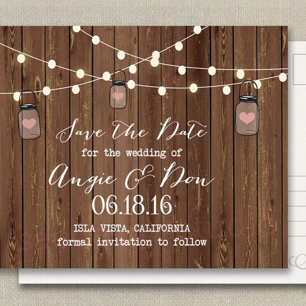 Emily C 80pc Mason Jars Rustic Wedding Save the Dates Magnets Cards Postcards  Rustic Strung Lights Wood Country Barn Burlap Lace Chic