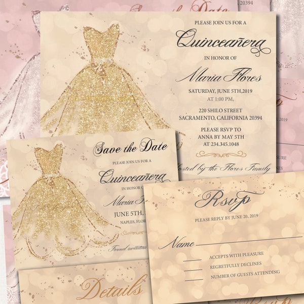 Quinceanera Invitation Save The Dates Photo Magnets Cards Birthday Calendar Lace Navy Purple Blue Gold Pink Burgundy rose gold champagne