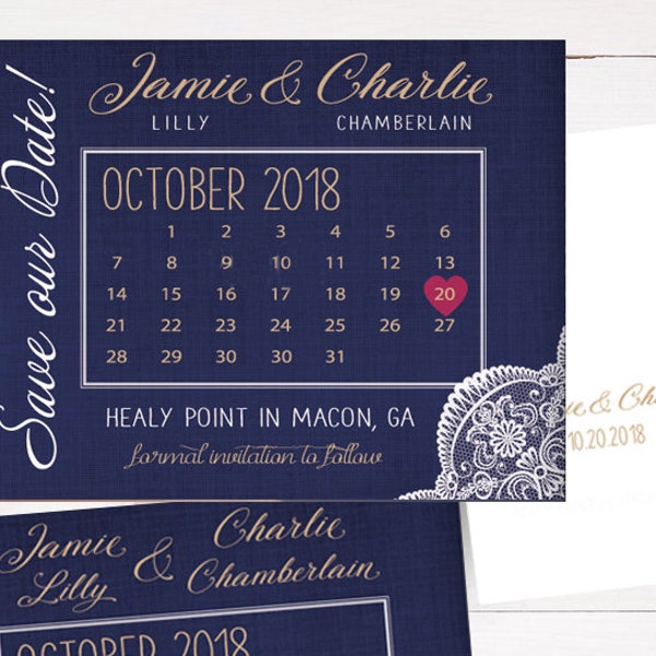 Navy Gold Lace Wedding Save the Dates Magnets Cards Postcards Announcements grey purple navy coral pink burgundy maroon