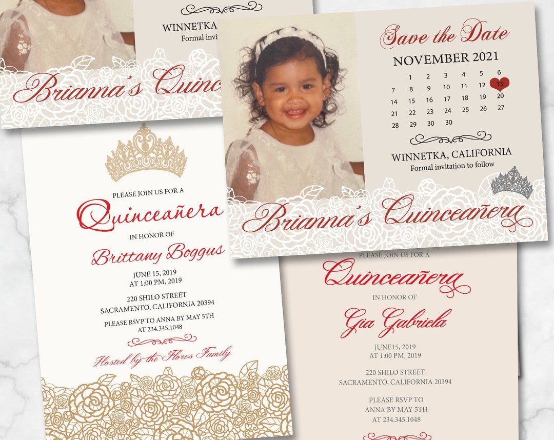 Red Gold Quinceanera Save the Dates Photo Post Cards Girls