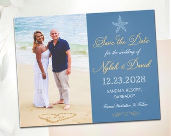 Blue Wedding Save the Date Photo Magnets Cards Boho navy gold blue Rustic Vintage Beach Tropical Destination photo starfish anchor