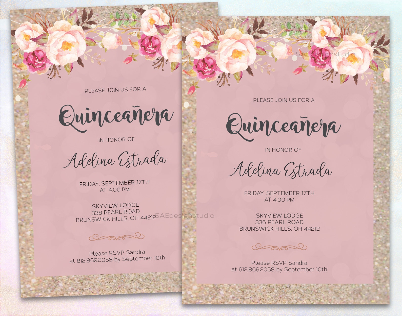 Paper & Party Supplies Quinceanera Invitation Pink Rose Gold shimmer card stock Wedding