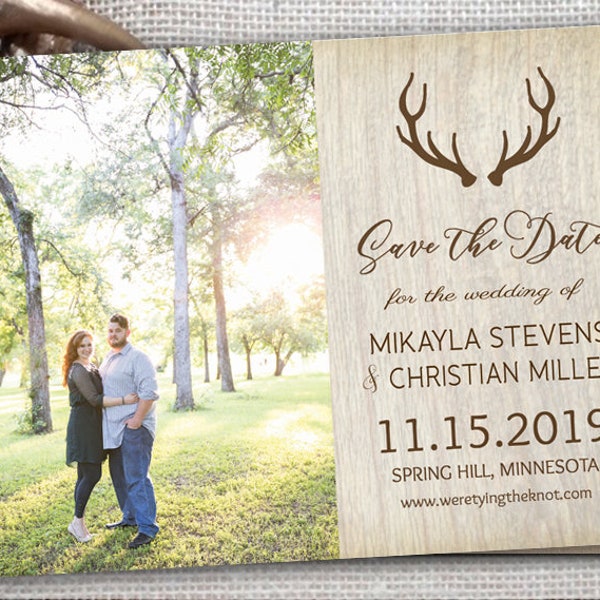 Rustic Boho Wedding Save date invites Photo Cards Magnets Country Antler Deer Floral Colorado Woods Mountain Camp Lake Sunflowers Floral