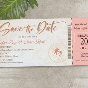 Boarding Pass Ticket Passport Wedding Save the Date Invitation Card Magnet Destination Beach tropical Travel pink coral gold mint starfish