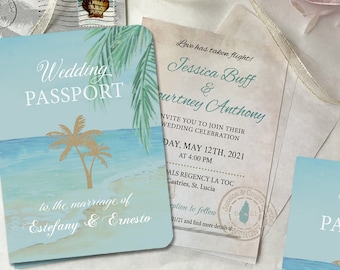 Beach Destination Passport Wedding Invitation Personalized Blue Gold Boarding Pass Destination Wedding,Travel airplane tropical mexico