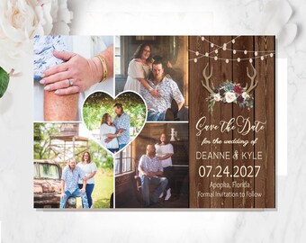 Rustic Boho Wedding Save date invites Photo Cards Magnets Country wood Antler Deer Floral Colorado Mountain camp Multiple photos