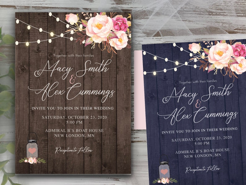 Country Boots Navy Rose Gold Burgundy pink maroon Flowers Wood Wedding Invitation rsvp set Save the date card magnet mason jar
