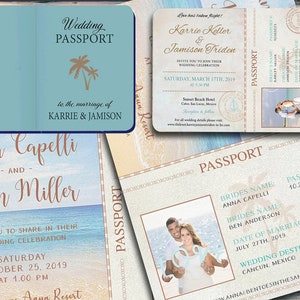 Passport Wedding Invitations only Passport boarding pass style Rose gold Beach Pink Navy Mint Blue beach tropical destination