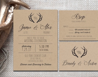 Rustic Brown Kraft Wedding Invitations Customized Wedding Deer Antlers Hunting Affordable buck lace antler rack country outdoors barn