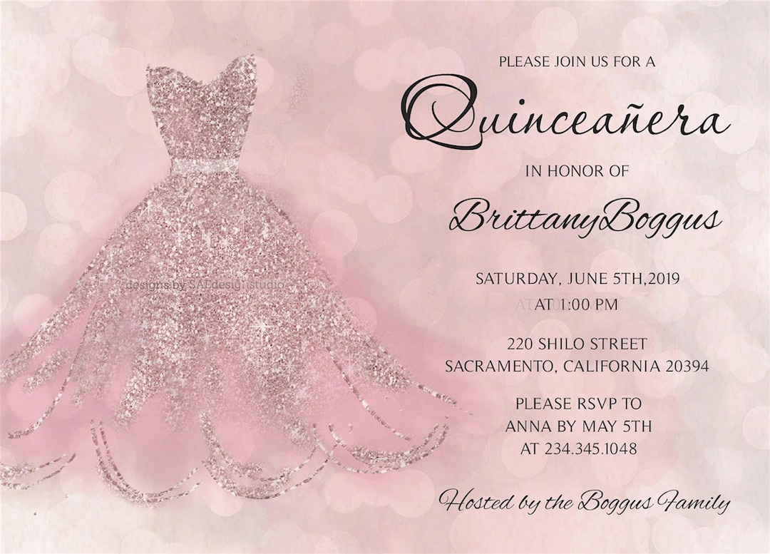 Quinceanera Invitation Pink Rose Gold Shimmery Card Wedding Reception