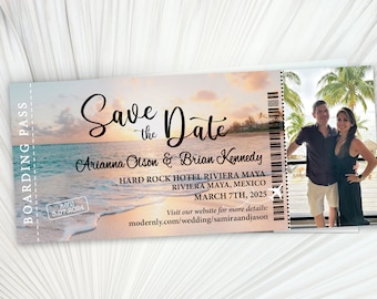 Beach boarding pass passport wedding save the date cards magnets travel destination