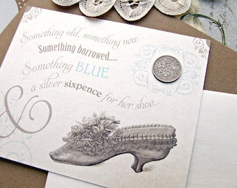 Wedding Sixpence Coin Gift Bride Something old new borrowed blue a lucky silver sixpence  tucked in her your shoe bridal shower gift card