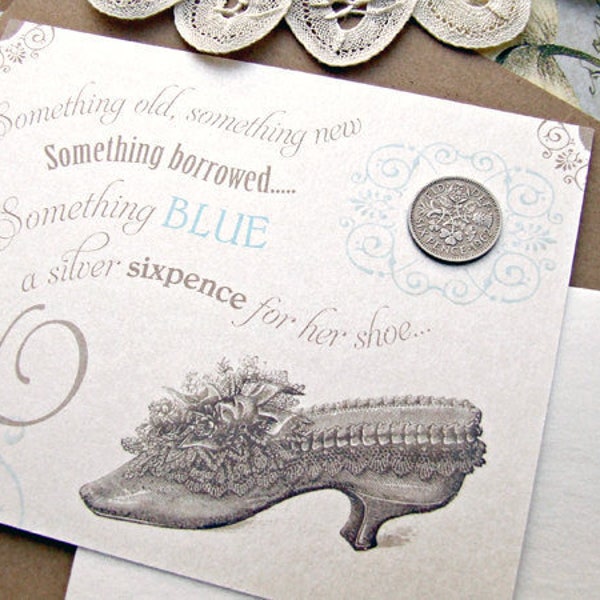 Wedding Sixpence Coin Gift Bride Something old new borrowed blue a lucky silver sixpence tucked in her your shoe  bridal shower gift cards