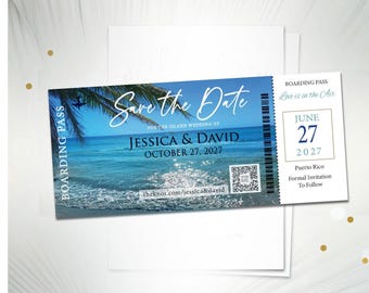 Beach Destination Tropical Boarding Pass Ticket Passport Wedding Save the Date Wedding Reception Invitation Card Magnet Destination