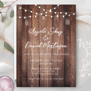 Rustic Lights Country Wedding Invitations RSVP Cards Postcards Mason Jars String Strung Lights Wood Country Beach Burlap Grey wood cheap Bild 2