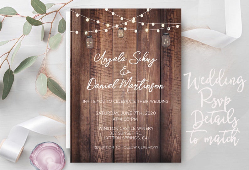 Rustic Lights Country Wedding Invitations RSVP Cards Postcards Mason Jars String Strung Lights Wood Country Beach Burlap Grey wood cheap Bild 2