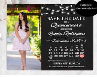 May include: Save the date card for a Quinceañera celebration for Lupita Rodriguez in December 2025. The card features a black background with white text and a calendar with the date 30 circled in red. The card also includes the text "Siesta Key, Florida" and "Invitación formal próximamente".