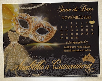 Black Gold Masquerade Quinceanera Sweet 16 Party Invitations save dates card magnets Masquerade Birthday Party Wedding navy red Mardi Gras