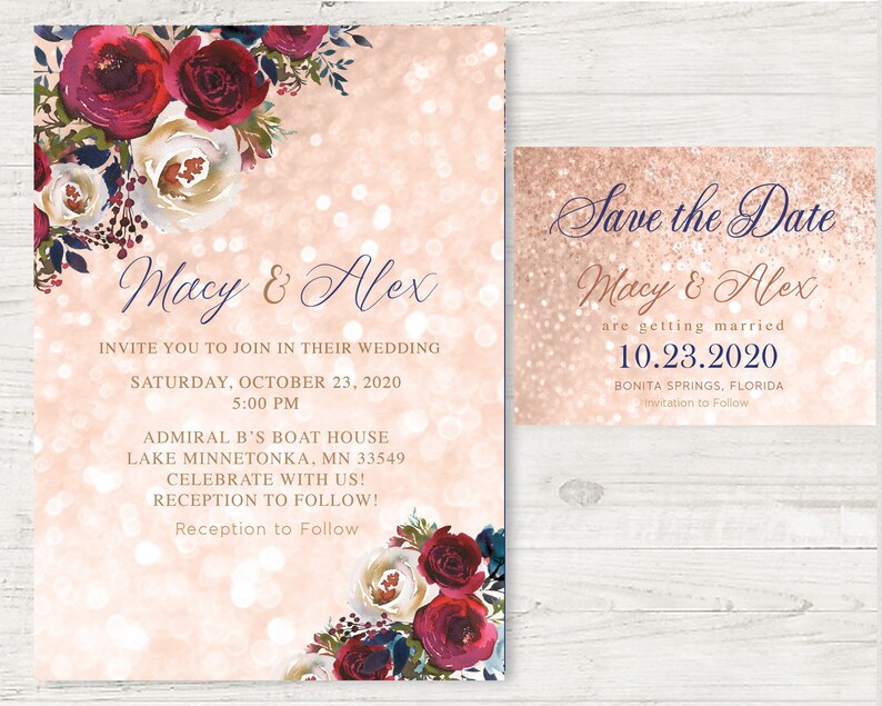 Country Boots Navy Rose Gold Burgundy pink maroon Flowers Wood Wedding Invitation rsvp set Save the date card magnet mason jar